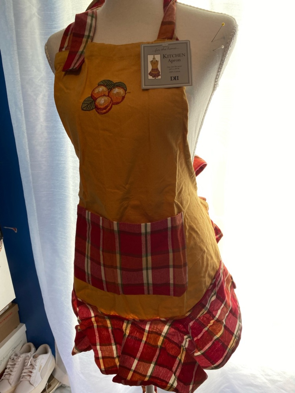 DISSH Yellow Apron with Red Plaid Ruffle and Fruit Embroidery